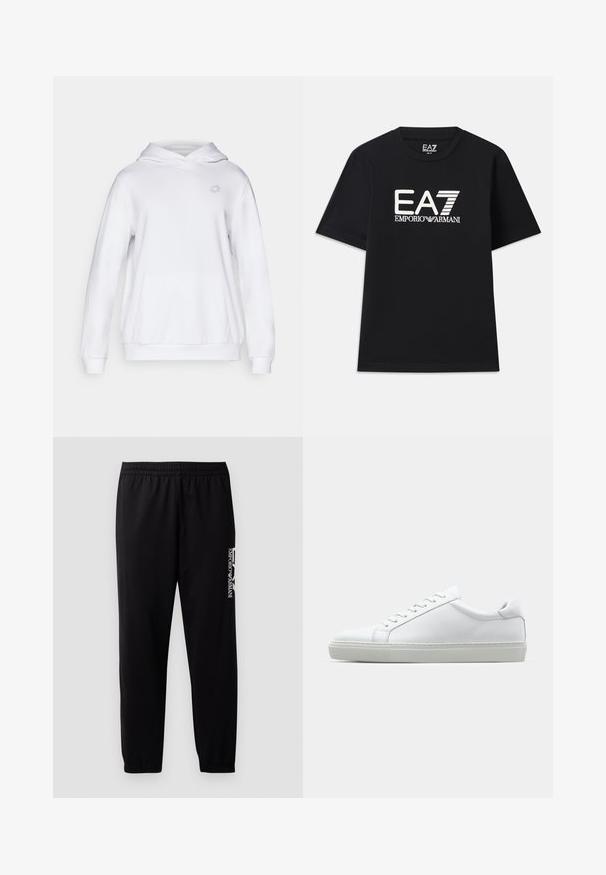 Witte hoodie met een voorzak, capuchon met trekkoord en een subtiele logo op de borst. Het materiaal lijkt zacht en gestructureerd.; Zwarte T-shirt van katoen, met een ronde hals en korte mouwen. Geborduurd logo "EA7 EMPORIO ARMANI" in het wit op de voorkant.; Zwarte sportbroek van gladde stof, met een elastische tailleband en boorden, en een contrasterend logo aan de zijkant.; Witte sneaker met een gladlederen bovenwerk en een laag profiel. Voorzien van een ronde neus, zes vetergaatjes en een gestructureerde rubberen zool.