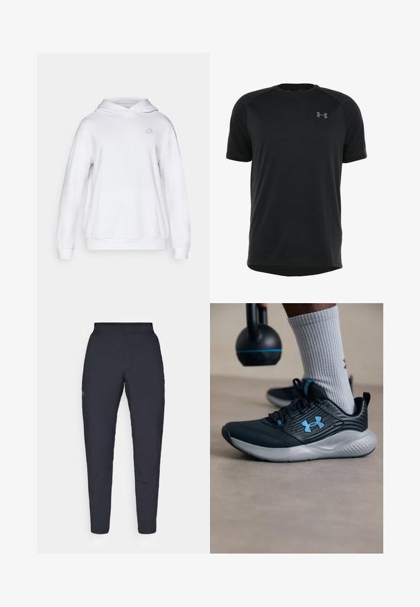 White hoodie with a front pouch pocket, drawstring hood, and a subtle logo on the chest. Material appears soft and textured.; Black short-sleeve athletic shirt made of smooth, lightweight fabric. Features a rounded neckline and discreet logo on the chest.; Black athletic pants with a smooth texture, slim fit, elastic waistband, and side pockets. Features a small logo on the left thigh.; Black athletic shoe with blue accents, textured upper, and gray sole. Worn with gray ribbed socks, beside a black kettlebell.