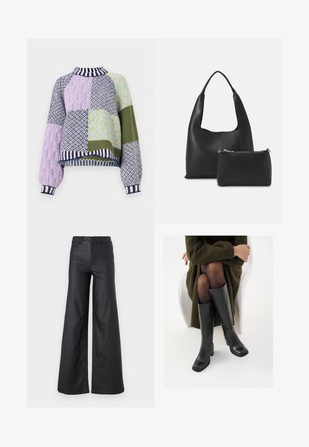 Pletene puloverja s kvadratno obliko, ki vsebuje patchwork v sivki, zeleni in mornarski modri barvi, mešane teksture ter prugast ribast ovratnik in manšete.; Črne, širokoglede hlače iz umetnega usnja. Imajo visok pas, zanke za pas, dva sprednja žepa in šivano detajliranje.; Črne usnjene čevlje do kolen s kvadratnim prstom in blok peto, prikazani na modelu, ki sedi v olivno zeleni plašču. Gladka tekstura, minimalne podrobnosti.; Even&Odd Torbica - black