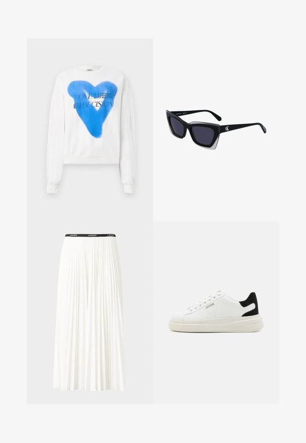 Witte sweatshirt met een groot blauw hartontwerp en de tekst "LIEFDE IS EEN GEVOEL, GEEN BESLUIT." Zachte textuur, lange mouwen, cropped ontwerp.; Plisséminirok in het wit met een zwarte elastische tailleband met het "LACOSTE"-logo. Middellange ontwerp met een zachte textuur.; Witte leren sneakers met een dikke witte zool, zwarte suède hielaccent en een geperst logo op de zijkant. Vetersluiting met zes oogjes.; Zwarte oversized zonnebril met een geometrische vorm, voorzien van donkere glazen en een contrasterend grijs detail op het montuur. Logo op de arm.