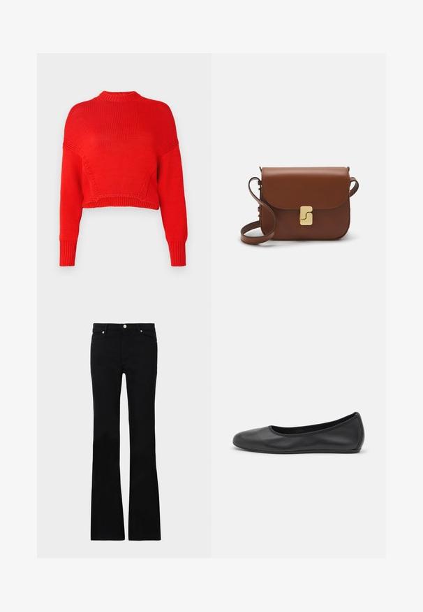 Rød cropped sweater lavet af tekstureret strikket stof, med en høj halsudskæring og lange ærmer med ribbede manchetter. Ingen karakteristiske mønstre eller detaljer.; Sort langærmet t-shirt med rund hals lavet af tekstureret stof, med en lige kant og syede detaljer ved kraven og skuldrene.; Sorte bløde jeans lavet af denim, med to frontlommer, knaplukning og en glat tekstur. Signaturstikninger synlige ved sømmene.; Sort læderballetsko med rund tå, glat tekstur, minimal syning og et fleksibelt såldesign.; Brun læder håndtaske med flaplukning, hardware i gyldent tone, en skulderrem og en glat overflade. Kompakt rektangulær form.