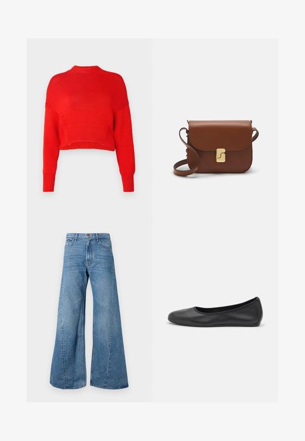 Rød cropped sweater lavet af tekstureret strikket stof, med en høj halsudskæring og lange ærmer med ribbede manchetter. Ingen karakteristiske mønstre eller detaljer.; Bredde ben blå denim jeans med høj talje, der har klassisk fem-lomme design og let falmning for tekstur.; Sort læderballetsko med rund tå, glat tekstur, minimal syning og et fleksibelt såldesign.; Brun læder håndtaske med flaplukning, hardware i gyldent tone, en skulderrem og en glat overflade. Kompakt rektangulær form.