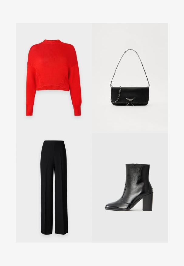 Piros, rövidített pulóver texturált kötött anyagból, magas nyakkivágással és hosszú ujakkal, amelyek bordázott mandzsettával rendelkeznek. Nincsenek jellegzetes minták vagy díszítések.; Fekete, széles szárú nadrág sima tapintással, magas derékkal és középen pliszével. Nincsenek látható minták vagy fém részletek.; Fekete bőr bokacipő sima textúrával, hegyes orral és vastag, magas sarkával. Oldalnyílással és minimalista dizájnnal rendelkezik.; Fekete bőrtáska ezüstlánc pánttal, díszes szárnyakkal és fehér varrással az alsó varrat mentén.