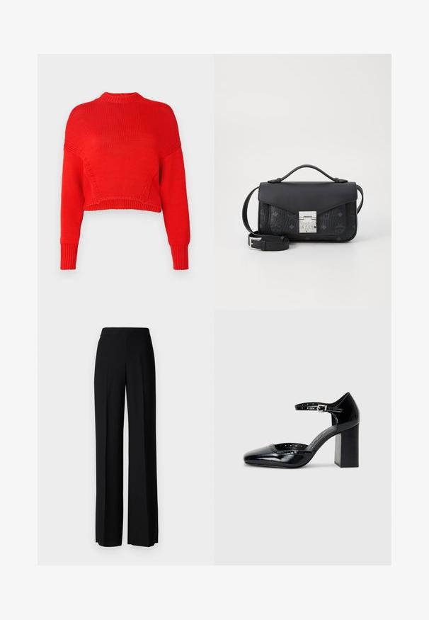 Czerwony skrócony sweter wykonany z fakturowanej dzianiny, z wysokim dekoltem i długimi rękawami z prążkowanymi mankietami. Brak wyraźnych wzorów lub akcentów.; Czarne spodnie o szerokim kroju, o gładkiej fakturze, z wysokim stanem i centralnymi kantami. Brak widocznych wzorów lub detali metalowych.; Czarne lakierowane szpilki z kwadratowym noskiem, paskiem na kostkę i masywnym obcasem. Zawierają perforowane detale na krawędzi.; Czarna skórzana torebka z gładką górną częścią i teksturowaną dolną częścią z wytłoczonymi wzorami. Zapięcie z chwostem w kolorze srebrnym oraz odpinany pasek.