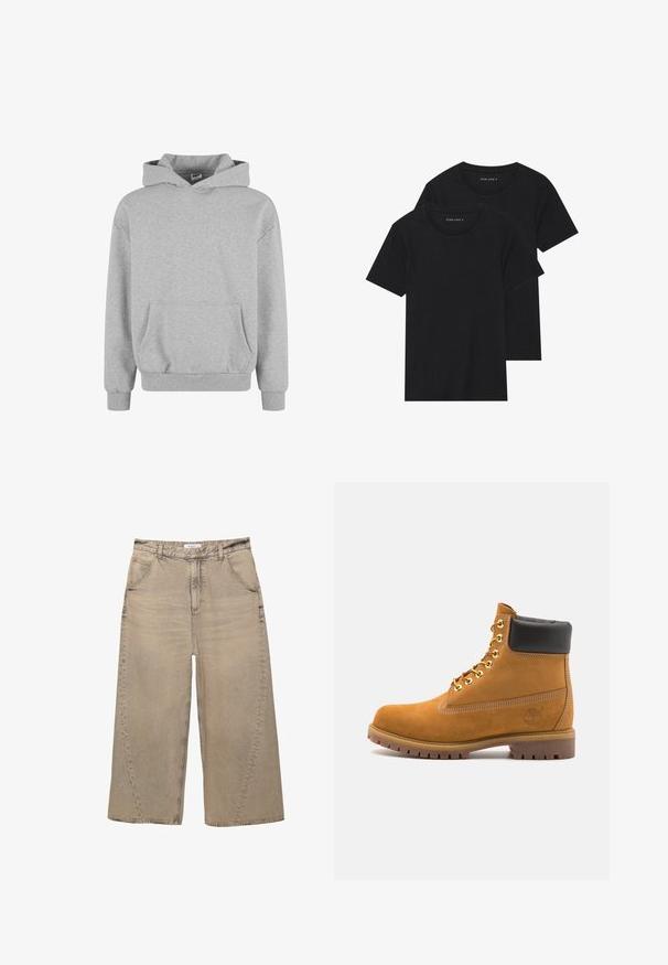 Harmaa huppari, jossa on pitkät hihat ja etutasku. Valmistettu pehmeästä kankaasta, jossa on ribbaus hihansuissa ja helmassa. Minimalistinen muotoilu ja monipuolinen tyyli.; Kaksi mustaa puuvillapaitaa lyhyillä hihoilla, pyöreällä kauluksella ja sileällä pinnalla, esillä päällekkäin.; PULL&BEAR MEGA BAGGY - Baggy-farkut - light grey; Valkoinen nahkainen nilkkuri mustalla pehmustetulla kauluksella, kultaisilla metallisilla rei'illä, valkoisella ompeluksella ja jykevällä kumipohjalla, jossa on selvästi näkyvät urat.