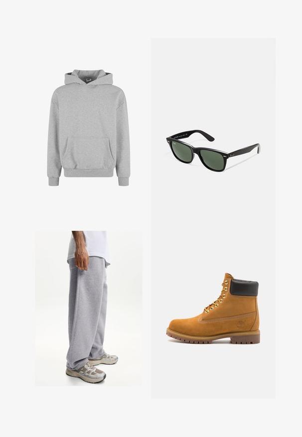 Szara bluza z kapturem, długimi rękawami i przednią kieszenią. Wykonana z miękkiego materiału, z ściągaczami przy mankietach i u dołu. Minimalistyczny design i wszechstronny styl.; Biały bawełniany t-shirt z krótkimi rękawami, okrągłym dekoltem i prostym krojem. Gładka faktura bez widocznych wzorów czy akcentów.; Szare dresy wykonane z miękkiego materiału, charakteryzujące się luźnym krojem i elastycznym paskiem w talii. Połączone z beżowymi i szarymi butami sportowymi.; Beżowe zamszowe botki sięgające kostki z czarną wyściełaną krawędzią, złotymi oczkami, białymi detalami szycia oraz wytrzymałą gumową podeszwą z wyraźnym bieżnikiem.; Czarne plastikowe okulary przeciwsłoneczne z zielonymi szkłami, kwadratowe oprawki, srebrny akcent na brwi oraz fakturowane ramiona temple. Nazwa marki podana na wewnętrznej stronie ramion.