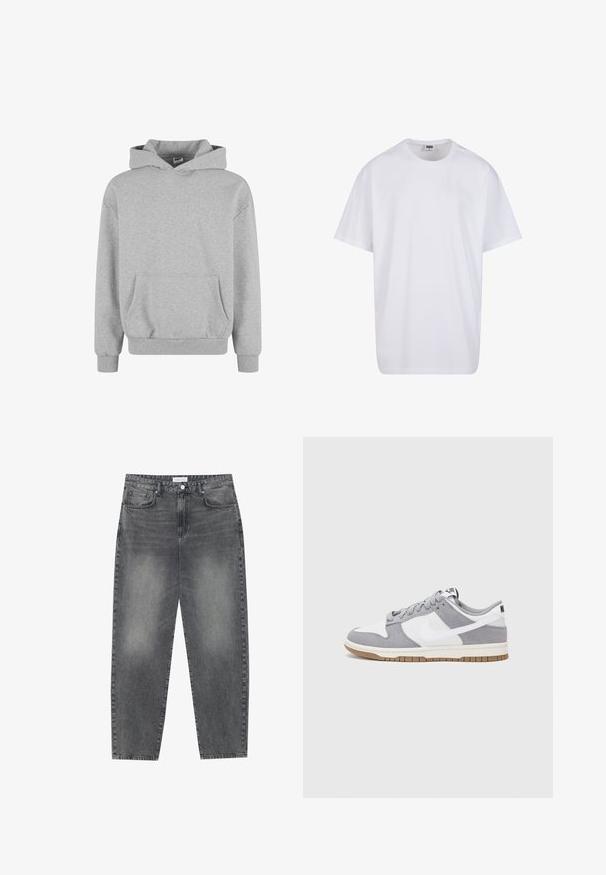 Felpa grigia con cappuccio, maniche lunghe e tasca frontale. Realizzata in tessuto morbido con polsini e orlo a coste. Design minimalista e stile versatile.; Maglietta bianca in cotone con maniche corte, scollatura rotonda, vestibilità comoda e senza loghi o motivi visibili. Texture liscia e design minimale.; Jeans a vita alta, dal taglio ampio in denim nero sbiadito. Presentano cinque tasche, passanti per cintura e un design dritto e pulito.; Sneaker grigia e bianca con tomaia in suede e pelle, punta arrotondata, lacci piatti e soletta in gomma con un accento color caramello.