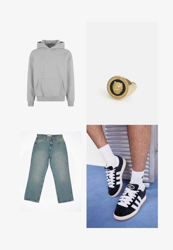 Hanorac gri cu glugă, mâneci lungi și buzunar frontal. Fabricat dintr-un material moale, cu manșete și tiv ondulat. Design minimalist și stil versatil.; Tricou alb cu mânecă scurtă fabricat din bumbac moale. Are un guler rotund și o croială lejeră, cu o textură netedă și un design curat, fără ornamente.; Jeans din denim de un albastru deschis, cu talie înaltă și croială largă. Au buzunare frontale, fermoar și detalii de cusătură vizibile.; Adidași negri din suede cu șireturi albe și trei dungi albe. Au un logo circular negru pe limbă și o talpă din cauciuc de tip gumă.; Inel din metal auriu cu un motiv ridicat de leu pe un fundal negru, încadrat de o bandă circulară gravată cu numele mărcii.