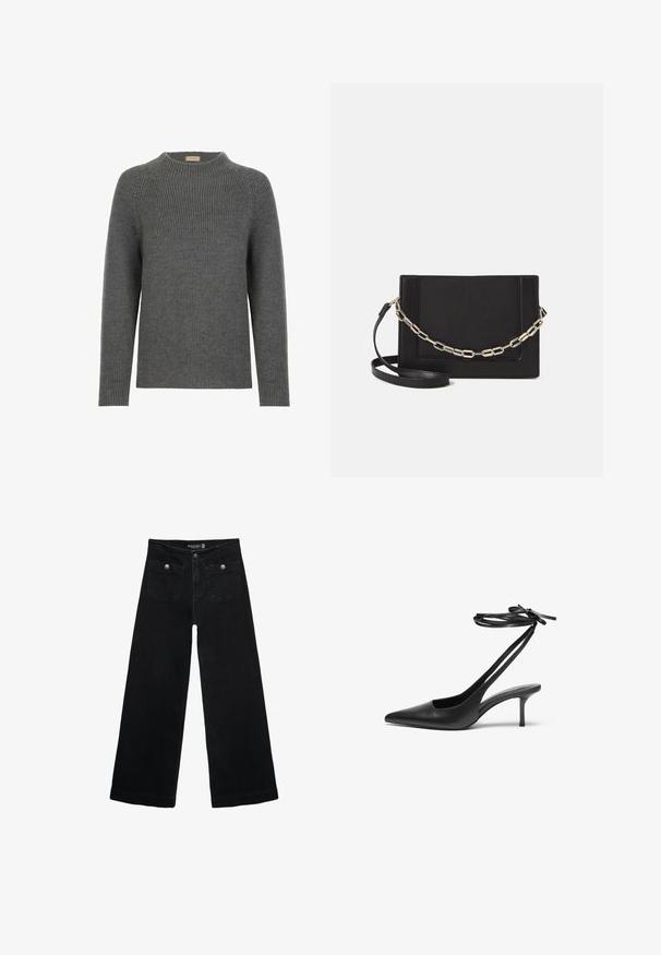 Grau gestrickter Pullover mit Rundhalsausschnitt, langen Ärmeln und gerippter Textur. Verfügt über eine lockere Passform und ein lässiges Design, das sich gut zum Layering eignet.; Schwarze, weit geschnittene Jeans mit hoher Taille, die zwei Fronttaschen und metallene Knopfakzente aufweist. Der Stoff hat eine glatte Textur.; Schwarzer Leder-Stiletto mit spitzem Zehenbereich, offenem Fersenbereich und mit einer Schleife gebundenen Knöchelriemen. Schlanker 3-Zoll-Absatz. Glatte Textur, minimalistisches Design.; Schwarze Leder-Crossbody-Tasche mit glatter Textur, rechteckiger Form und metallic-kettendetail auf der Vorderseite. Verstellbarer Gurt inklusive.
