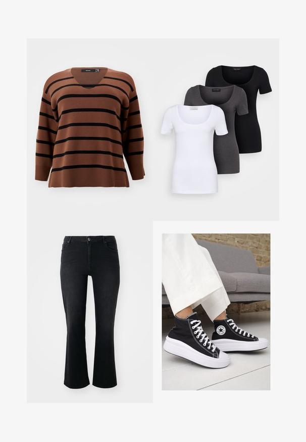 Rudas dryžuotas megztinis su juodais horizontaliais dryžiais. V-kaklo dizainas, ilgomis rankovėmis, su raukiniais ant rankovių ir apvadu. Minkšta tekstūra, laisvas siluetas.; Trys priderinti marškiniai: balti, pilki ir juodi. Kiekvienas turi plačią apvalią iškirptę ir trumpas rankoves. Pagaminti iš lygaus, tamprių audinio.; Juodos džinsinės kelnės su vidutinio aukščio juosmeniu, priekinis mygtukas, dvi priekinės kišenės, dvi galinės kišenės ir išplėstos kojų formos.; Juodi kanvasiniai aukšti sportbačiai su baltais guminiais padu ir raišteliais. Šonuose yra apskritas logotipas ir ryški balta siūlė.