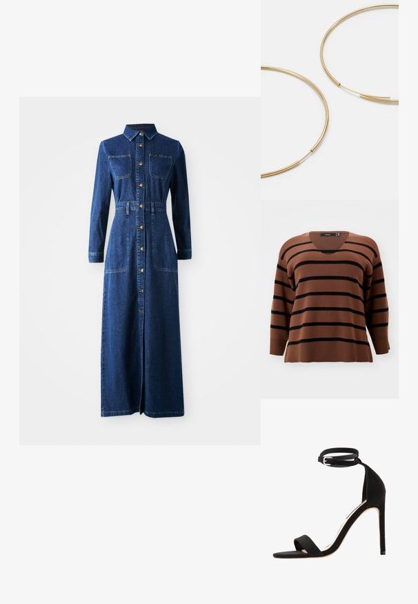 Braun gestreifter Pullover mit schwarzen horizontalen Streifen. V-Ausschnitt, lange Ärmel, gerippte Bündchen und Saum. Weiche Textur, lockere Passform.; Weißes, geripptes Tanktop mit dünnen Trägern, das ein enges Design und eine glatte Textur aufweist. Der Stoff wirkt elastisch und leicht strukturiert.; Jeans-Maxi-Kleid mit langen Ärmeln, spitzem Kragen, durchgehender Knopfleiste, zwei Brusttaschen, tailliertem Schnitt und seitlichen Schlitzen für mehr Bewegungsfreiheit.; Schwarze Wildleder-High-Heel-Sandalen mit einem einfachen Riemendesign, offener Zehe und einem Knöchelriemen mit einer silbernen Schnalle.; Goldfarbene Ohrringe in Form von dünnen, runden Kreolen, mit einer glatten, metallischen Oberfläche und ohne Verzierungen oder Muster.