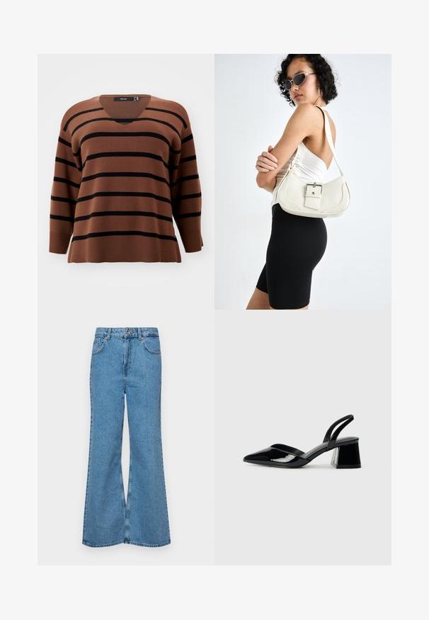 Brun stripete genser med svarte horisontale striper. V-halsdesign, lange ermer, ribbestrikkede mansjetter og nederkant. Myk tekstur, avslappet passform.; Lyseblå vide jeans laget av denim, med høyt liv, fem lommer og en enkelt knappelukking. Myk tekstur med falmet finish.; Svarte patentlær slingback hæler med spiss tå og geometrisk blokk hæl. Har et stilrent, minimalistisk design og jevn tekstur.; Hvit lær håndveske med en buet form, justerbar stropp og en liten spenne-detalj. Modellen har på seg en tettsittende svart antrekk.