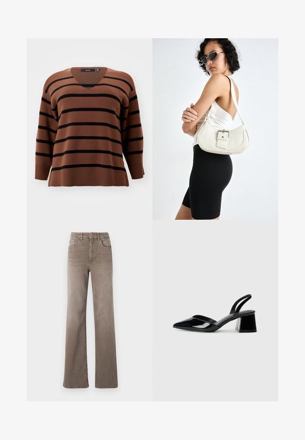 Camisola castanha riscada com riscas horizontais pretas. Design em V, mangas longas, punhos e bainha canelados. Textura suave, corte descontraído.; Jeans castanhos de cintura alta, de perna reta, com botão frontal, passantes para cinto e design clássico de cinco bolsos em fundo branco.; Sandy em verniz preto com salto slingback, ponta afilada e salto geométrico. Apresenta um design elegante e minimalista com textura suave.; Bolsa de couro branca com um formato curvado, alça ajustável e um pequeno detalhe de fivela. Modelo usa um traje preto ajustado.