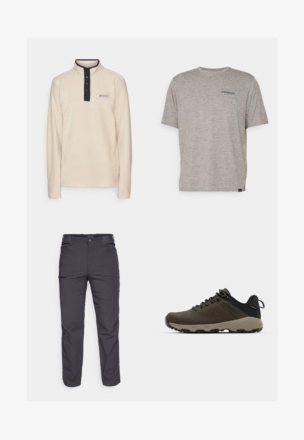 Columbia STEENS MOUNTAIN™ HALF SNAP - Flísová bunda - ancient fossil/black; Sivý tričko s krátkym rukávom vyrobené z jemnej, textúrovanej tkaniny, s malým modrým logom Patagonia na ľavej strane hrude. Žiadne ďalšie vzory.; Tmavošedé nohavice vyrobené z odolného materiálu, s vreckom na zips, rovnými nohavicami a pútkami na opasok pre nastavenie veľkosti.; Hnedé vodoodolné tenisky s textúrovaným zvrškom, perforovanými detailmi, čiernou oporou päty a šedou gumovou podrážkou. Šnúrky sú ozdobené kovovými koncami.