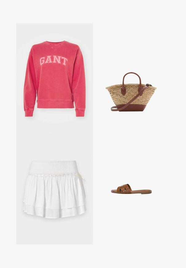 Rød crewneck sweatshirt lavet af en bomuldsblanding, prydet med ordet "GANT" i store, broderede bogstaver over brystet. Ribbet mansjetter og kant.; Hvid tiered nederdel med elastisk talje, der har en tekstureret smocking-detalje og en dekorativ båndaccent. Lavet af bomuldsstof.; Brun læder slide sandal med krydsede stropper, flad sål og en glat overflade. Enkel design uden udsmykninger eller mønstre.; Vævet stråkurv med brune læderdetaljer, to håndtag og en aftagelig rem. Buet form med en robust bund.