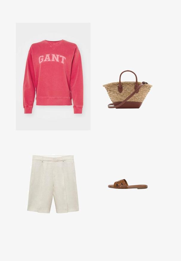 Rode crewneck sweatshirts van een katoenmix, met het woord "GANT" in grote, geborduurde letters op de borst. Ribgebreide manchetten en zoom.; Beige linnen shorts met een getailleerde pasvorm, voorzien van een rechte voorkant, dubbele plooien en ceintuurlussen. Gladde textuur, lengte tot halverwege de dij.; Bruine leren slide sandaal met gekruiste banden, platte zool en een gladde textuur. Eenvoudig ontwerp zonder versieringen of patronen.; Geweven rieten tas met bruin lederen accenten, twee handvatten en een afneembare schouderband. Gebogen vorm met een stevige basis.