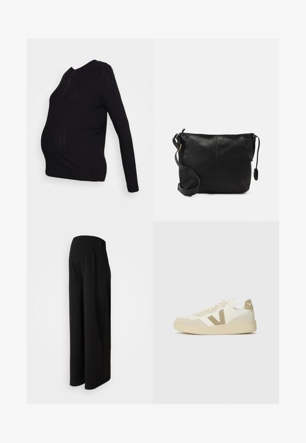 Top de maternidade preto de mangas longas com textura canelada, decote redondo e design ajustado, acentuando a forma da barriga arredondada.; Vero Moda Maternity VMMBECKY SUPER WIDE PANTS - Calças - black; Ténis com parte superior em creme, detalhes em camurça bege e uma sola de borracha texturizada. Apresenta um ousado logótipo 'V' e um design de atacadores.; Mala de ombro em couro preto com forma plana, detalhes em metal dourado e alça ajustável. Textura suave com detalhes de costura mínimos.