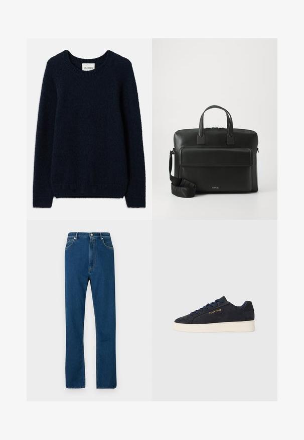 Maglione lavorato a maglia blu navy con scollatura rotonda, maniche lunghe e polsini e fondo a coste. Texture morbida e design semplice, senza motivi o accenti.; Jeans in denim blu con vita alta, design a gamba dritta, stile a cinque tasche e cuciture arancioni a contrasto. Texture liscia.; Sneaker bassa in suede blu navy con suola bianca, lacci blu navy e logo "Filling Pieces" in oro sul lato.; Valigetta in pelle nera con manici superiori doppi, una tasca frontale e una tracolla staccabile, con un sottile marchio in fondo.