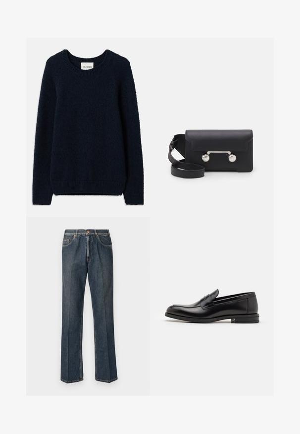 Pulôver de malha azul-marinho com decote redondo, mangas longas e punhos e bainha canelados. Textura suave e design simples, sem padrões ou detalhes.; Jeans de ganga de perna reta azul escuro com botão à frente, fecho de correr, dois bolsos frontais e vinco vertical visível ao longo das pernas.; Mocassins de couro preto com uma textura suave, bico arredondado e uma faixa decorativa sobre o peito do pé. Salto baixo e empilhado, design minimalista.; Saco transversal em pele preta com fecho de aba, ferragens em tom prateado e dois acentos redondos. Apresenta uma alça destacável. Textura suave.