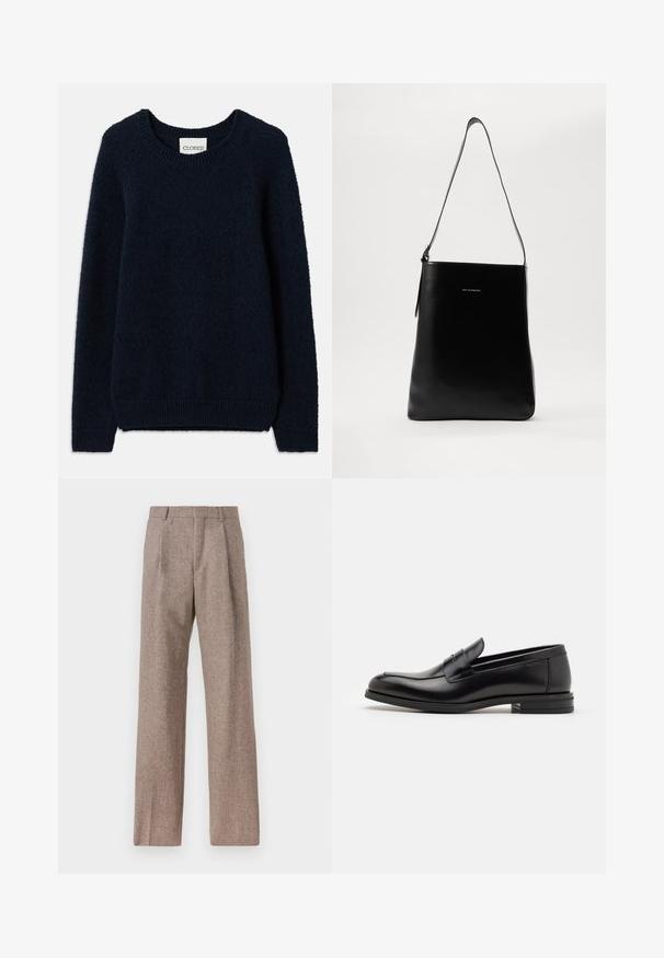 Mornarsko modra pletena jopica z okroglim izrezom, dolgimi rokavi in ribasto obrobo na rokavih in dnu. Mehka tekstura in preprost dizajn, brez vzorcev ali dodatkov.; Rjave hlače z visokim pasom, izdelane iz teksturirane tkanine. Imajo široke noge in dve sprednji pregibi za strukturo. Urejen zaključek brez vidne strojne opreme.; Črne usnjene loafer čevlje z gladko teksturo, zaobljenim nosom in dekorativnim trakom čez zgornji del. Nizka zložena peta, minimalističen dizajn.; Črna usnjena torba za ramo z gladko teksturo, pravokotno obliko in dolgim pasom; vsebuje majhen bel logotip na sredini.