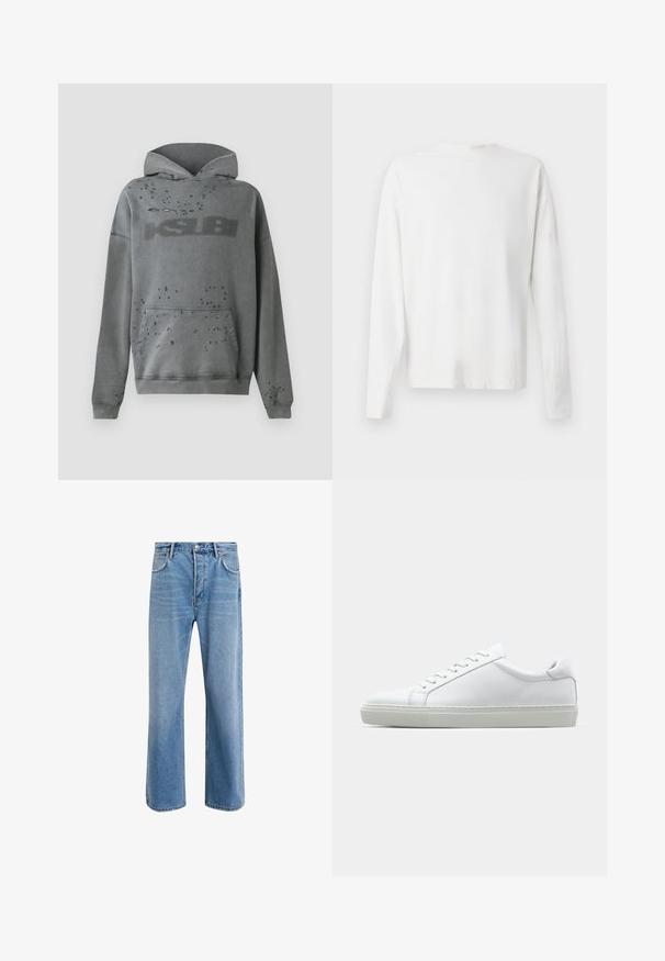 Szara bluza z kapturem z przednią kieszenią, z tonalnym logo i rozproszonymi przetarciami. Miękka tkanina z luźnym krojem i kapturem ze sznurkiem.; Biała, bawełniana koszula z długim rękawem, okrągłym dekoltem, bocznymi rozcięciami na dole oraz gładką fakturą, wyeksponowana z tyłu.; Jasnoniebieskie dżinsy o prostym kroju, pięć kieszeni, zapięcie na guzik, minimalne blaknięcia i kontrastowe wykończenia szwów.; Białe sneakersy z gładką skórzaną cholewką i niskim profilem. Posiadają okrągły nos, sześć dziurek na sznurówki oraz teksturowaną gumową podeszwę.