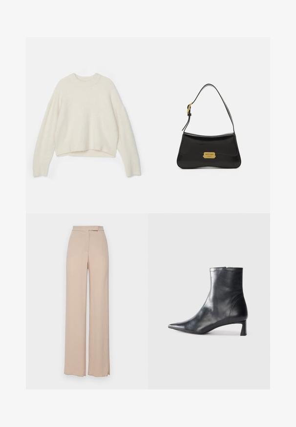 Wollpullover in Off-White mit rundem Halsauschnitt, überschnittenen Schultern und cropped Saum. Weicher Stoff mit lockerer Passform.; Beige weit geschnittene Hose aus leichtem Stoff. Sie verfügt über eine glatte Textur, Eingrifftaschen und ein dezentes Bunddesign.; Schwarze Lederstiefelette mit spitzer Zehe und schlankem Design. Verfügt über einen niedrigen Absatz und einen Reißverschluss hinten. Glatte Textur.; Schwarze Lederhandtasche mit geschwungenem Design, goldfarbener Logo-Plakette und schmalem Schulterriemen. Glatte Textur mit eleganter Oberfläche.