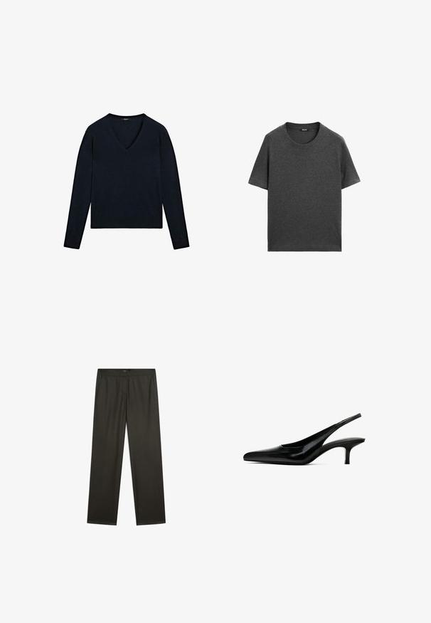 Mörkblå långärmad tröja med V-ringning, ribbade ärmslut och rak nederkant, tillverkad av ett mjukt, strukturerat tyg.; Mörkgrå kortärmad t-shirt i mjukt bomullstyg. Har en klassisk rund halsringning och rak fåll utan mönster eller detaljer.; Mörkgröna, vida byxor med en slät yta, elastisk midja och sidofickor. Enkelt design utan synliga mönster eller metalldetaljer.; Svart spetsig slingback-sko med en glansig läderfinish och en tunn, låg klack. Har en utskärning på sidan för andningsförmåga.