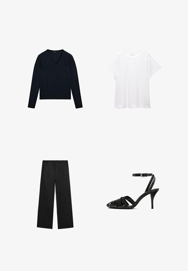 Marineblauer Langarmpullover mit V-Ausschnitt, gerippten Bündchen und geradem Saum, gefertigt aus einem weichen, strukturierten Stoff.; Weißes T-Shirt aus weichem, leichtem Stoff. Mit runder Halslinie und kurzen, weit geschnittenen Ärmeln für einen lässigen Sitz. Keine sichtbaren Muster.; Weit geschnittene schwarze Hose aus Baumwollmischgewebe, mit glatter Textur, Vorderaschen und minimalen Nähdetails.; Schwarze Lederplateau-Sandaletten mit einem Knöchelriemen, die über gewebte Riemen am Zehenbereich verfügt, eine glatte Oberfläche und eine spitze Zehenform aufweist.