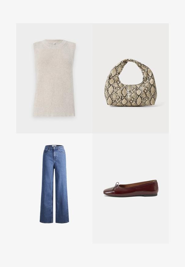 Fénybézs ujjatlan kötött felső bordás textúrával, kerek nyakkivágással, és kötött részletekkel a vállakon és az alján.; Világoskék, széles szárú farmernadrág magas derékkal, két elülső zsebbel és látható varrással. Gombos és cipzáros záródás.; Burgundi lakkbőr balettcipő kerek orral, elöl kis masni díszítéssel és alacsony, fekete gumi talppal. Simára csiszolt felület.; Kígyómintás kézitáska ívelt fogantyúval. Texturált, bézs és barna anyagból készült, jellegzetes gyémántmintával.