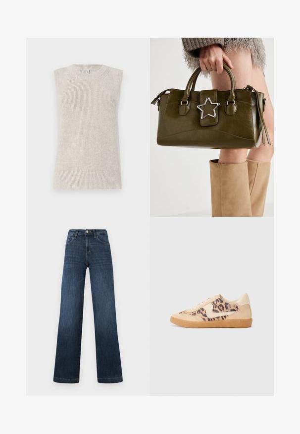 Helles beiges ärmelloses Stricktop mit geripptem Muster, runder Halslinie und gestrickten Details an den Schultern und dem Saum.; Dunkelblaue Denim-Jeans im weiten Bein-Design, ausgestattet mit fünf Taschen und einer Vorderknopf-Verschluss. Glatte Textur und klassische Nähdetails.; Löwenmuster-Sneaker mit beige Wildleder-Obermaterial, tanfarbener Gummisohle und weißen Akzenten. Runde Zehenform und Schnürdesign mit strukturiertem Finish.; Olivgrünes Kunstlederhandtasche mit silbernem Sternakzent, doppelten Griffen und einem Reißverschluss. Strukturierten Form und texturierten Oberfläche.