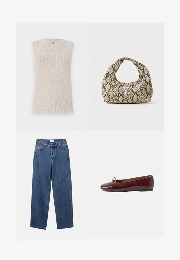 Lys beige ermeløs strikket topp med en ribbet tekstur, rund utringning og strikkede detaljer langs skuldrene og kanten.; Klassiske blå denimjeans med rett ben-design, fem lommer og knappelukking. Har en middels vask og solid tekstur.; Burgunderrød lakk lær ballettleilighet med rund tå, liten sløyfe foran og en lav, svart gummisåle. Glatt tekstur.; Veske med slangeskinnmønster og krummet håndtak. Laget av teksturerte, beige og brune materialer, med et særegent diamantmønster.