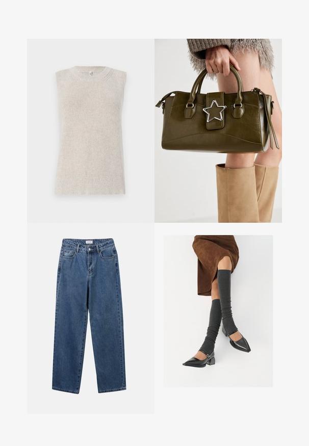 Lys beige ermeløs strikket topp med en ribbet tekstur, rund utringning og strikkede detaljer langs skuldrene og kanten.; Klassiske blå denimjeans med rett ben-design, fem lommer og knappelukking. Har en middels vask og solid tekstur.; Sorte lakkpumps med spiss tå, blokkhel, og ankelstropp, kombinert med grå ribbestrikkede beinvarmere og et brunt semsket skinn skjørt.; Oliven grønn faux lær håndveske med sølvstjerneakcent, doble håndtak og glidelåslukking. Teksturert overflate og strukturert form.