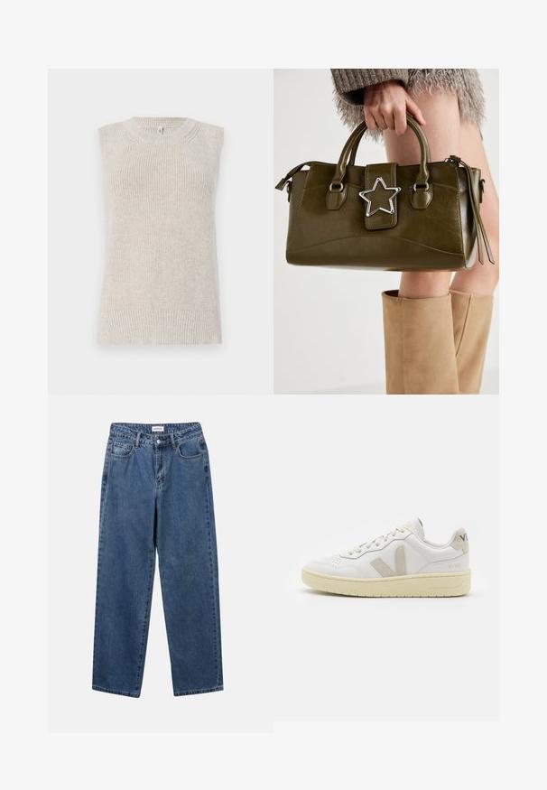 Svetlo bež brezrokavni pleteni top z ribasto teksturo, okroglo izrezom in pletenimi detajli vzdolž ramen in roba.; Klasične modre jeans hlače s ravnim krojem, petimi žepi in gumbom za zapiranje. Imajo srednje pranje in trdno teksturo.; Bela usnjena tenisača z bež semiš poudarki, perforiranim prednjim delom, ravnimi vezalkami in strukturiranim kremnim podplatom. Ima diskretno blagovno znamko na peti.; Olivnozeleno usnjeno ročno torbico z srebrno zvezdo, dvema ročajema in zadrgo. Teksturna površina in strukturirana oblika.