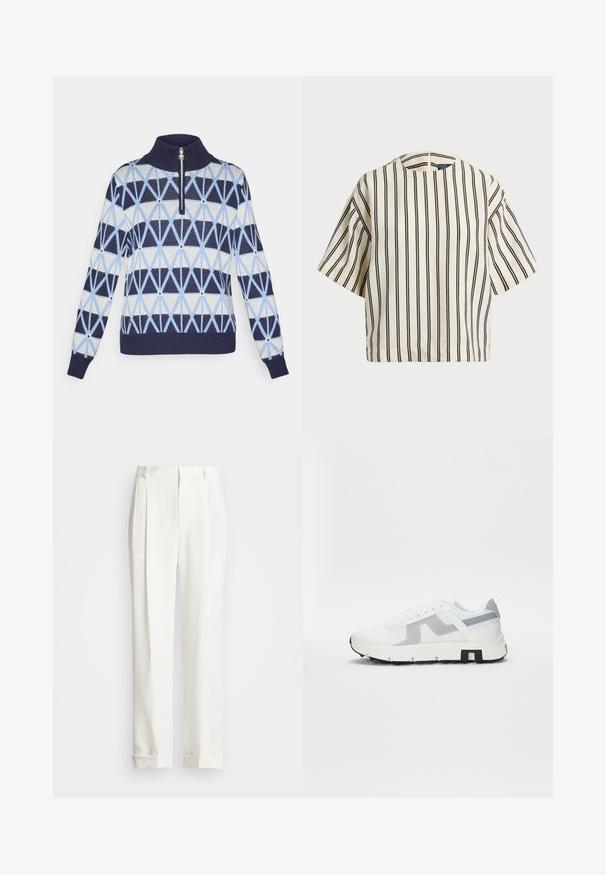 Adīta džemperis ar augstu apkakli, ar rāvējslēdzēju. Īpatnējie ģeometriskie raksti ir tumši zili, gaiši zili un krēmkrāsā. Ribota aproces un apakšmala.; Kreklus, svītrainā blūze ar īsām piedurknēm, krēmkrāsā un tumši zilā tonī, ar apaļu apkakli un kvadrātveida dizainu, izgatavota no teksturētas auduma.; Balties pielāgotie bikses ar divām priekšējām krokām, taisnu griezumu un salocītām apakšmalām. Izgatavotas no gludas auduma, ar klasisku dizainu.; Baltie sporta kedas ar pelēkiem akcentiem, strukturētu virsu, biezu zoli un kontrastējošu melnu papēdi. Šņorēšanas dizains ar sieta paneļiem.