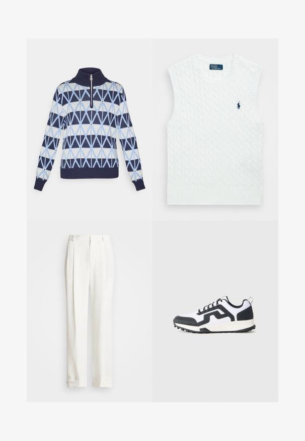 Pulôver de malha com gola alta e fecho em zip. Apresenta padrões geométricos em azul marinho, azul claro e creme. Punhos e bainha canelados.; Polo Ralph Lauren CABLE KNIT COTTON SWEATER VEST - Top - white; Calças brancas ajustadas com dois pregas frontais, corte reto e barras com dobra. Feitas de um tecido liso, apresentando um design clássico.; Sapatilha baixa branca e preta com sola de borracha padronizada e design em ziguezague na lateral, mostrada do lado exterior sobre um fundo simples.