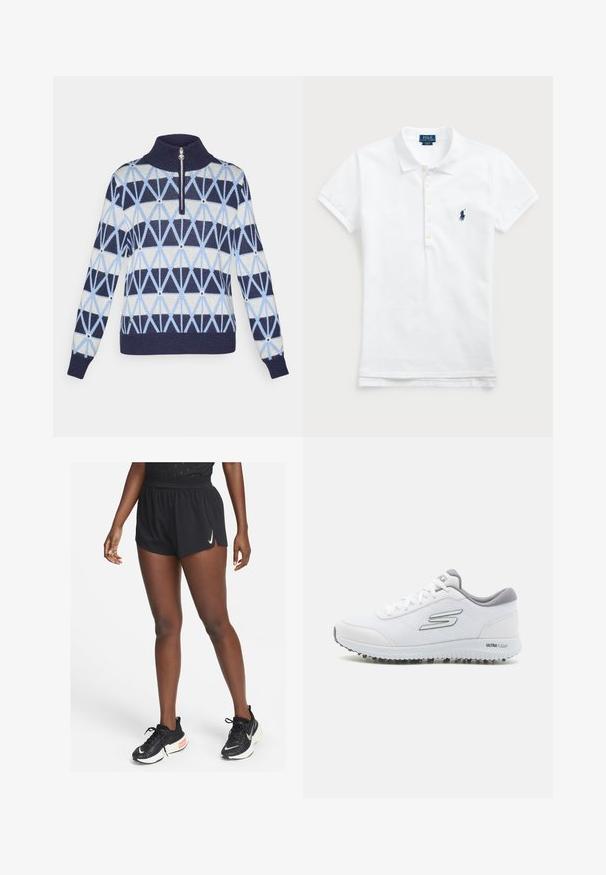 Sweter dziergany z wysokim kołnierzem i zamkiem błyskawicznym. Ozdobiony geometrycznymi wzorami w kolorze granatowym, jasnoniebieskim i kremowym. Ribbed ściągacze przy rękawach i u dołu.; Biała bawełniana koszulka polo z klasycznym kołnierzykiem, krótkimi rękawami oraz haftowanym w granatowym kolorze logo po lewej stronie klatki piersiowej. Pięcioprzyciskowy zapięcie.; Czarne sportowe szorty z marszczonym pasem i bocznymi rozcięciami, wykonane z lekkiego materiału, w połączeniu z czarnymi butami do biegania z białym znakiem Swoosh.; Białe sportowe buty z teksturowanym siateczkowym wierzchem, srebrnymi akcentami i lekką podeszwą z małymi stożkami trakcyjnymi, oznaczone "ULTRA FLIGHT".