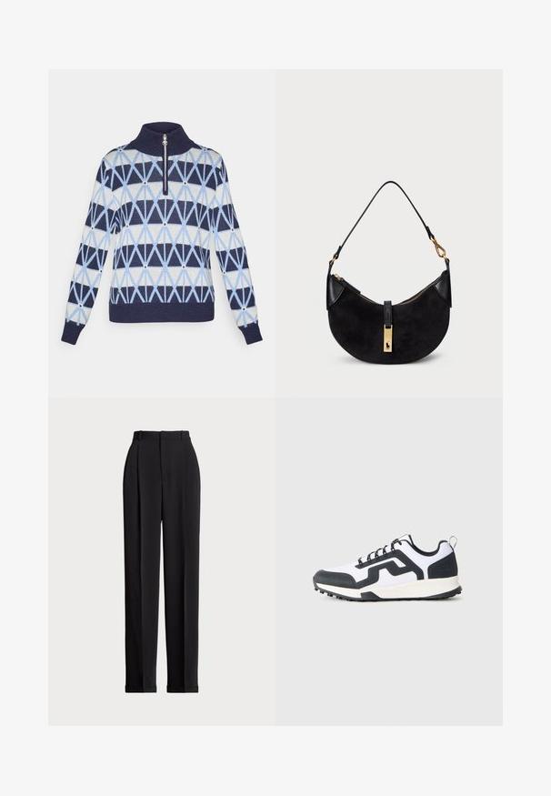 Megztas puloveris su aukštu apykakle, užtrauktuku. Yra geometrinių raštų tamsiai mėlynos, šviesiai mėlynos ir kreminės spalvų. Dygsniuotos rankogaliai ir apatinė dalis.; Juodos pritaikytos kelnės su aukštu liemeniu, su klostėmis priekyje, tiesaus kirpimo ir užlenktais kraštais. Pagamintos iš lygaus audinio.; Balti ir balti žemi sportbačiai su raštuota guma apatine dalimi ir zigzagu iš šono, rodomi iš išorinės pusės ant vienspalvio fono.; Juoda rankinė su išlenkta forma, pagaminta iš zomšos ir odos, su auksinių tonų užtrauktuku ir logotipo detale. Įeina trumpas laikiklis.