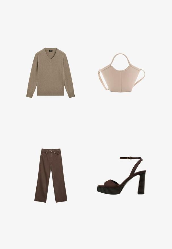 Pull à col en V de couleur marron clair, fabriqué à partir d'un matériau doux. Présente des poignets et un ourlet côtelés, avec une coupe décontractée et des manches longues.; Jean brown à jambes larges en denim, doté d'une taille haute, de poches avant et d'une fermeture à bouton classique. Texture lisse avec des coutures subtiles.; Sandale à talons hauts en suede marron avec un bout ouvert, une bride de cheville réglable et une semelle de plateforme rayée.; Sac à main en cuir beige avec une forme unique, doté de deux poignées courtes et d'une longue sangle réglable. Texture lisse avec un minimum de matériel.