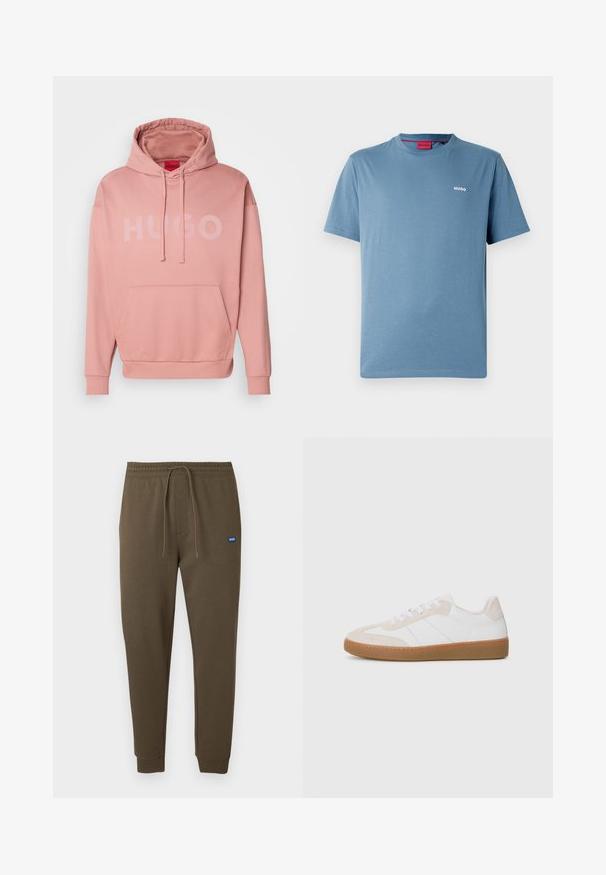Roze hoodie gemaakt van zachte stof, met een voorzak in kangoeroestijl en een groot "HUGO"-logo in een lichtere roze tint.; Blauw T-shirt met korte mouwen en ronde hals, met een klein wit "HUGO" logo op de linkerborst en een rood label aan de binnenkant van de kraag.; Donkergroene sweatpants met een elastische tailleband, trekkoord, zijzakken en geribbelde boorden. Kleine blauwe logopatch aan de linkerkant.; Witte en beige sneaker met suede en leren elementen. Beschikt over een rubberen zool, een vetersluiting en minimalistische zijstrepen.