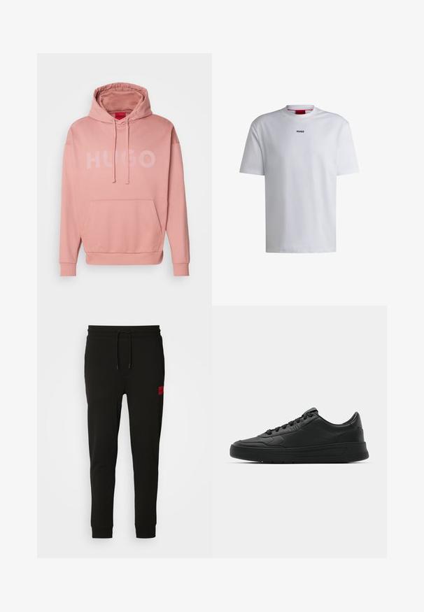 Rosa Kapuzenpullover aus weichem Material, mit einer Kängurutasche auf der Vorderseite und großem "HUGO"-Logo in einem helleren Rosaton.; Weißes Baumwoll-T-Shirt mit kurzen Ärmeln, rundem Halsausschnitt und einem schwarzen "HUGO"-Logo auf der Brust. Glatte Textur, lässige Passform, kein Muster.; Schwarze Sweatpants aus weichem Stoff, mit einem Kordelzugbund, schmaler Passform und einem rotenLOGO-Patch am linken Oberschenkel.; Schwarze Sneaker mit glattem Lederobermaterial, runder Zehenpartie, flachen Schnürsenkeln, gepolstertem Kragen und minimalistischem Design. Gummisohle mit subtiler Profilierung.