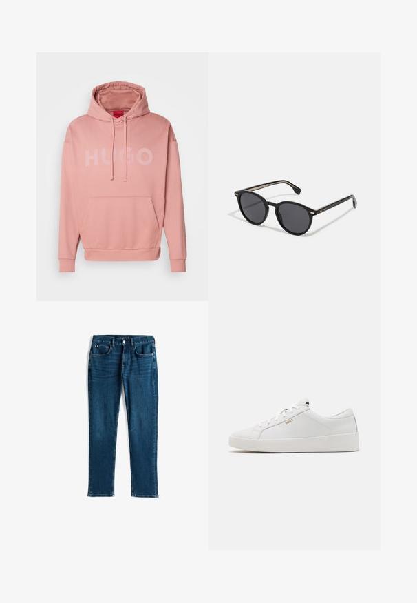 Rosa Kapuzenpullover aus weichem Material, mit einer Kängurutasche auf der Vorderseite und großem "HUGO"-Logo in einem helleren Rosaton.; Dunkelblaue Jeans, gerades Bein Design, Five-Pocket-Stil, mit dezenten Used-Effekten und Kontrastnähten, metallischer Knopf und Reißverschluss.; BOSS BELWAR - Sneaker low - white; BOSS Sonnenbrille - black