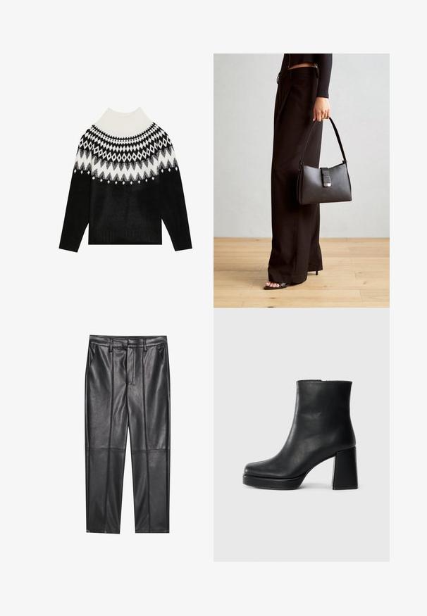 Črno-bela pletena pulover s visokim ovratnikom, diamantom vzorcem po ramenskem delu in rebrastimi manšetami ter robom. Mehak material.; Črne usnjene hlače z gladko teksturo, z ravnim krojem, dvema sprednjima žeparjema in vidnimi šivi.; Črne usnjene gležnjarje z blok peto in platformo, prikazane s strani na enobarvni beli podlagi.; Črna torbica z strukturirano obliko, gladko teksturo in kovinskim zaponko. Ujemajo se z širokimi črnimi hlačami in odprtimi sandali na lesenem tleh.