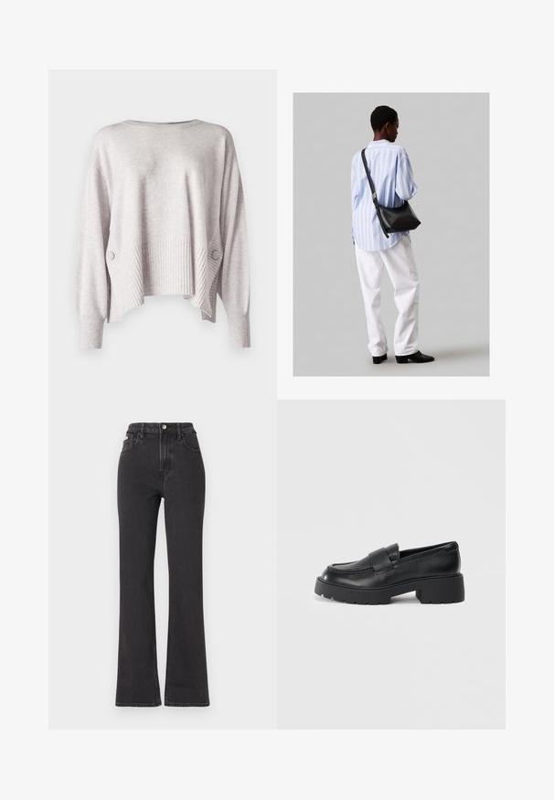 Lys grå cropped sweater med ribbet tekstur, oversized fit og dropped shoulder design. Har en dekorativ knap på siden.; Sorte højtaljede flagrende jeans lavet af denim, med knaplukning, bæltestropper og sidelommer. Glat tekstur med minimal falming.; Sorte læderloafers med en struktureret finish, der har et rektangulært bånd over vamps og et groft, klodsede således design.; Sort læder skuldertaske med en blød tekstur, trekantet form og justerbar strop, kombineret med en lyseblå stribet skjorte og hvide bukser.