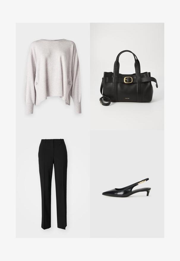 Jasnoszary, krótkotrwały sweter o prążkowanej teksturze, w oversize'owym stylu z opadającymi ramionami. Posiada dekoracyjny guzik z boku.; Czarne spodnie o dopasowanym kroju z prostymi nogawkami, o gładkiej fakturze i wyraźnych zagięciach z przodu. Bez widocznych elementów metalowych.; Czarne skórzane szpilki typu slingback z ostrym noskiem, posiadające smukły obcas i złoty akcent na regulowanym pasku. Gładka tekstura.; Czarna skórzana torebka o zorganizowanej konstrukcji, z podwójnymi uchwytami u góry, akcentem w postaci złotego zapięcia oraz wytłoczonym logo marki z przodu.