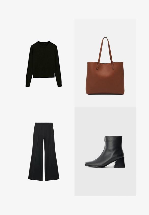 Černý pletený svetr s kulatým výstřihem, dlouhými rukávy a zkráceným střihem. Vyrobeno z příjemného materiálu s hladkou strukturou.; Černé kalhoty s širokými nohavicemi a hladkou texturou, s předními sklady a přizpůsobeným střihem. Materiál je lehký a splývavý.; Černá kožená kotníková bota se čtveratým špičkou, bočním zipem a blokovým podpatkem na jednobarevném světlem pozadí.; Hnědá kožená taška přes rameno s hladkou texturou, otevřeným designem a dvěma ramenními popruhy. Obsahuje minimální švy a žádné viditelné kovové prvky.