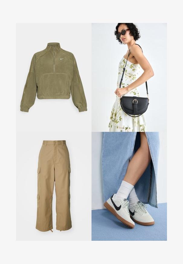 Olivgrön fleece-pullov med halv dragkedja, framficka och Nike-logotyp. Har elastiska muddarmar och diskreta sömdetaljer.; Beige cargobyxor med hög midja, vida ben och fyra stora sidfickor. Tillverkade av ett hållbart tyg med en slät yta och minimalistisk design.; Nike-sneakers med en ljusgrå mockaovandel, svart swoosh-logotyp och sula av gummiträ. Bärs med vita ribbade strumpor och en blå denimkjol.; Svart läderhandväska med en böjd form, avtagbar rem och guldiga detaljer. Väskan har ett lock med en spänndetalj.