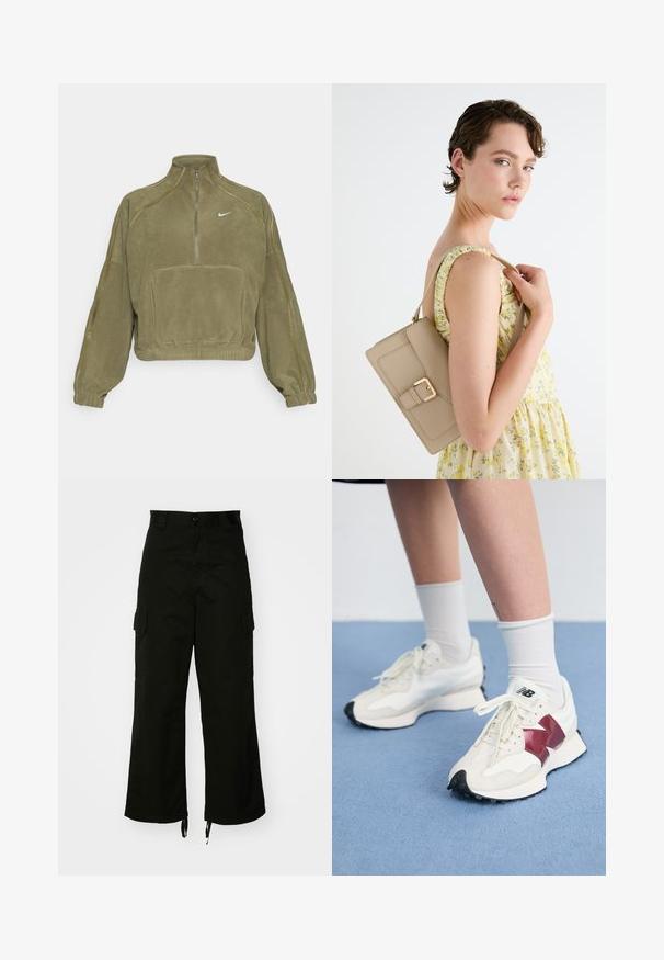 Oliwkowy polarowy sweter z półzamkiem, przednią kieszenią i logo Nike. Posiada elastyczne mankiety oraz subtelne akcenty szwów.; Czarne spodnie cargo z bawełny, o szerokich nogawkach, z kieszeniami po bokach i z regulowanym wykończeniem. Projekt zawiera zapięcie na guzik w talii.; Para białych sneakersów z bordowymi akcentami, teksturowanymi panelami, płaską czarną podeszwą i jasnymi sznurowadłami, noszonych z białymi skarpetkami do kostek.; Beżowa skórzana torebka o wyraźnej strukturze, z akcentem w postaci złotego zapięcia oraz regulowanym paskiem, przedstawiona na jasnym tle.