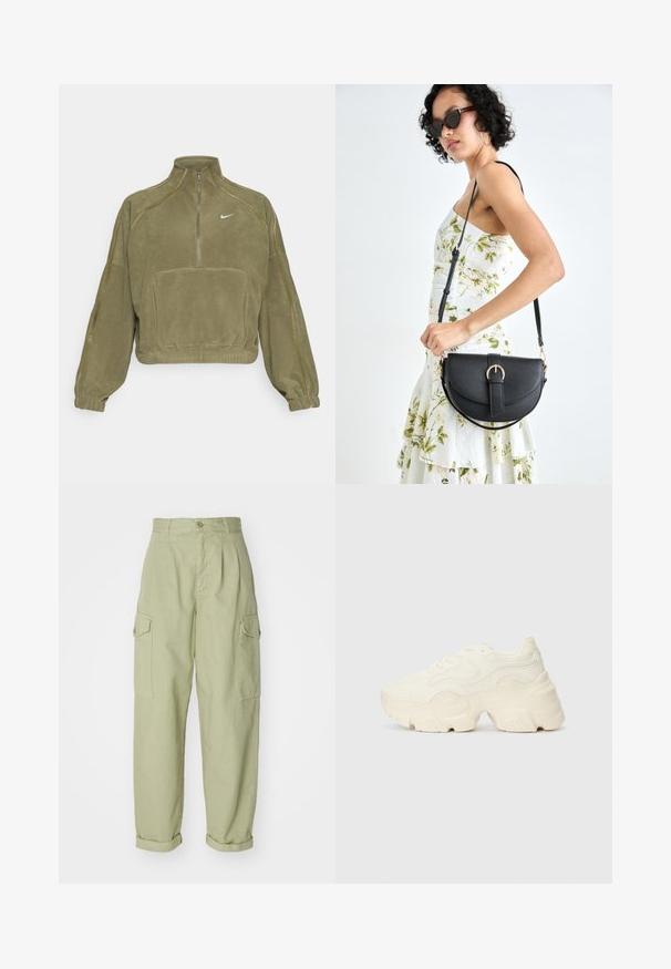 Casaco polar verde-azeitona com meio zíper, bolso frontal e logótipo da Nike. Apresenta punhos elásticos e costuras discretas.; Calças cargo verde claro feitas de tecido de algodão. Apresentam uma cintura alta, punhos enrolados e dois bolsos laterais cargo para maior utilidade.; Sapatilhas brancas chunky feitas de malha texturizada e materiais sintéticos, apresentando uma sola espessa e detalhes de padrão intrincados ao longo dos lados.; Bolsa de couro preta com forma curva, alça destacável e detalhes em dourado. A bolsa possui uma aba com detalhe de fivela.