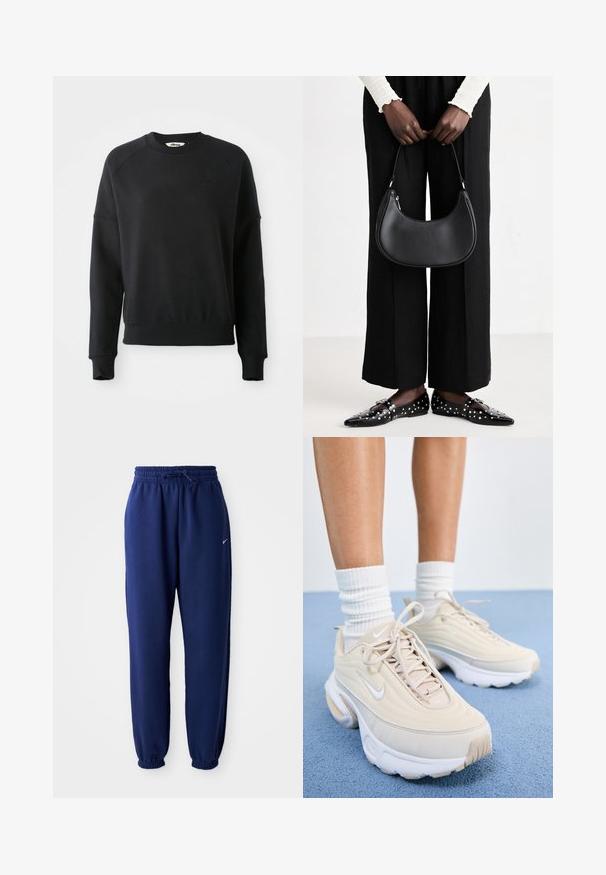 Svart sweatshirt med rundad ribbad halsringning, raglanärmar och en något kortare passform. Har en diskret logo i tyget. Mjuk känsla.; Mörkblå sweatpants i mjukt tyg, med elastisk midja och dragsko, elastiska fickor och en liten vit logotyp.; Beiga träningsskor med en texturerad ovandel, vita snören och en tjock vit sula. Designen har subtila kurvor och en liten logotyp.; Svart läderaxelväska med rundad form, glänsande yta och silverdetaljer. Person bär svarta vida byxor och nitprydda loafers.