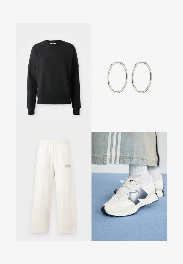 Felpa nera con collo rotondo a costine, maniche raglan e una vestibilità leggermente cropped. Presenta un logo discreto nel tessuto. Texture morbida.; Pantaloni a gamba larga di colore crema realizzati in materiale morbido con cintura elastica. Presentano un delicato testo ricamato di colore verde sul davanti.; Sneaker sportive bianche con un accento argento, tessuto testurizzato e pelle liscia; dotate di una suola in gomma nera e lacci.; Orecchini a cerchio in argento con una finitura liscia e lucida. Forma rotonda, design leggero, con un meccanismo di chiusura sicuro.